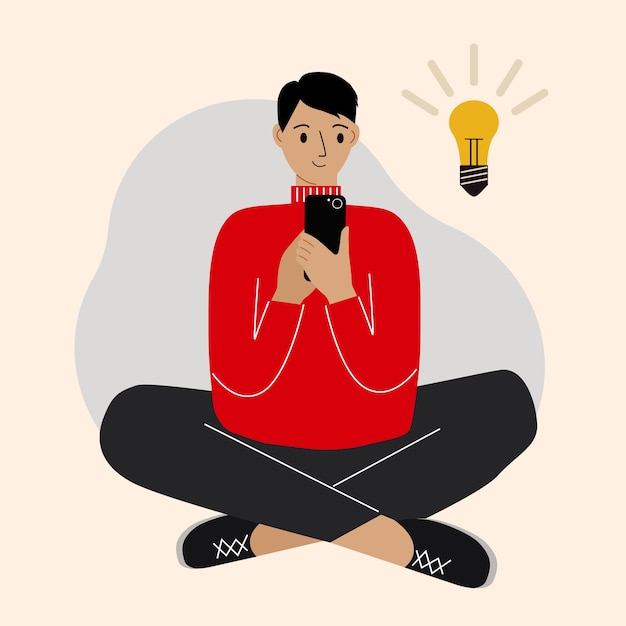 Jeune Homme Utilisant Un Téléphone, Assis Les Jambes Croisées Et Proposant Des Idées. Le Concept De Trouver Une Idée Et Une Inspiration. Illustration Vectorielle.