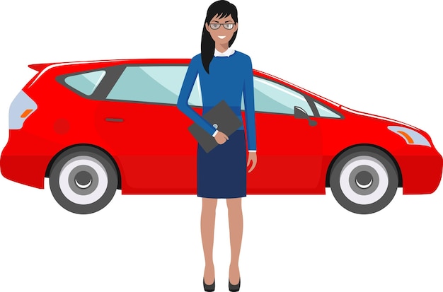 Jeune jolie femme d'affaires debout souriante en costume et lunettes avec ordinateur portable près de la voiture dans un style plat
