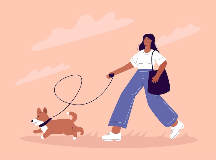 Vecteur jeune jolie femme marchant avec un propriétaire de chien corgi lui enseignant des exercices