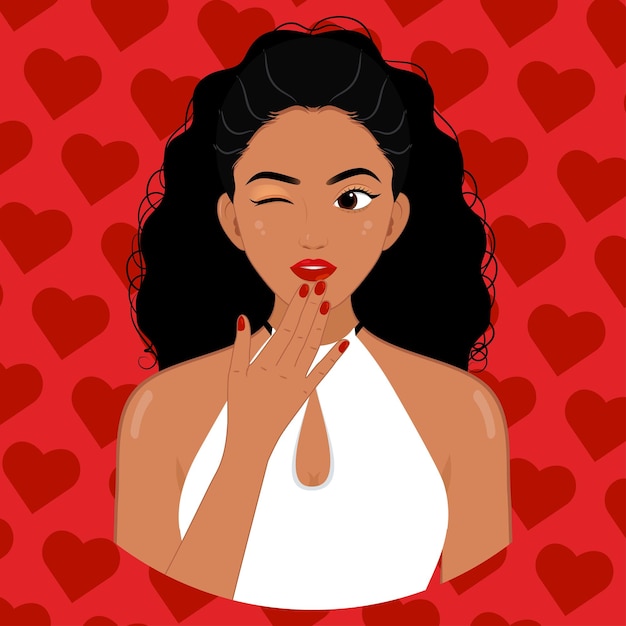 Vecteur jeune jolie fille africaine touchant les lèvres rouges avec fond de coeur rouge femme jour saint valentin