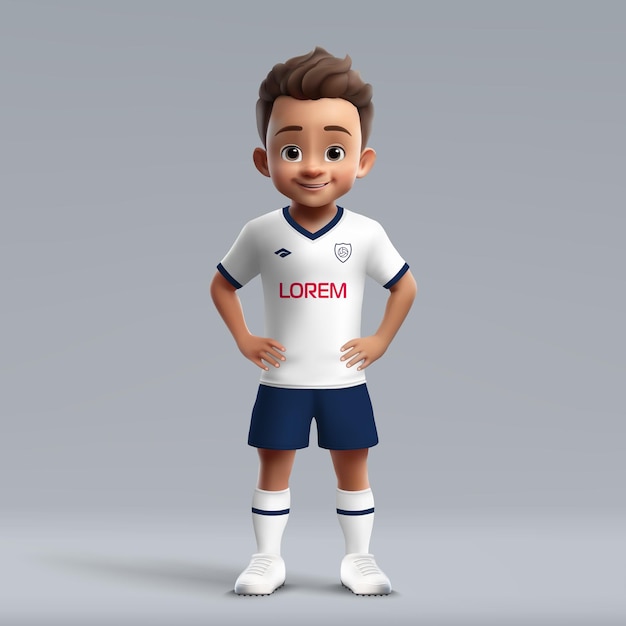 Vecteur jeune joueur de football mignon en 3d en uniforme de football