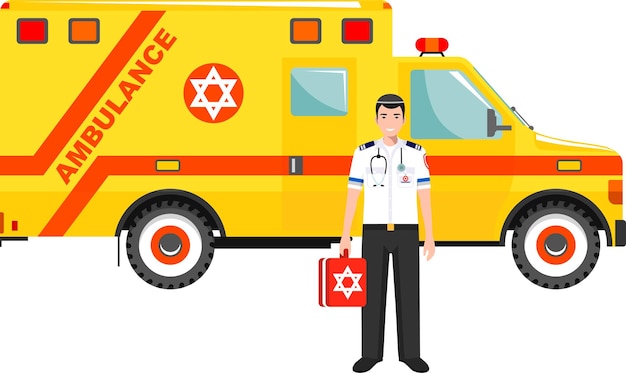 Vecteur jeune médecin juif d'urgence homme en uniforme avec ambulance voiture médicale avec le symbole du bouclier de david