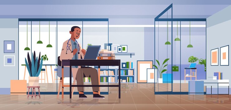 jeune médecin travaillant sur ordinateur portable sur le lieu de travail consultation médicale en ligne soins de santé génération z concept de style de vie intérieur du cabinet moderne illustration vectorielle horizontale
