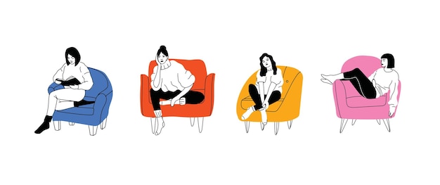 Vecteur jeune mode femme ou fille assise sur le fauteuil ou le canapé à la maison personnage féminin visitant un ami