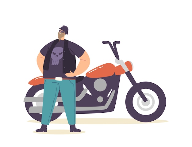 Vecteur jeune motard brutal dans des vêtements en cuir avec impression de crâne portant un casque et des lunettes se tenir debout sur une moto personnalisée, le personnage de motard barbu fat hipster profite de la vie. illustration vectorielle de gens de dessin animé