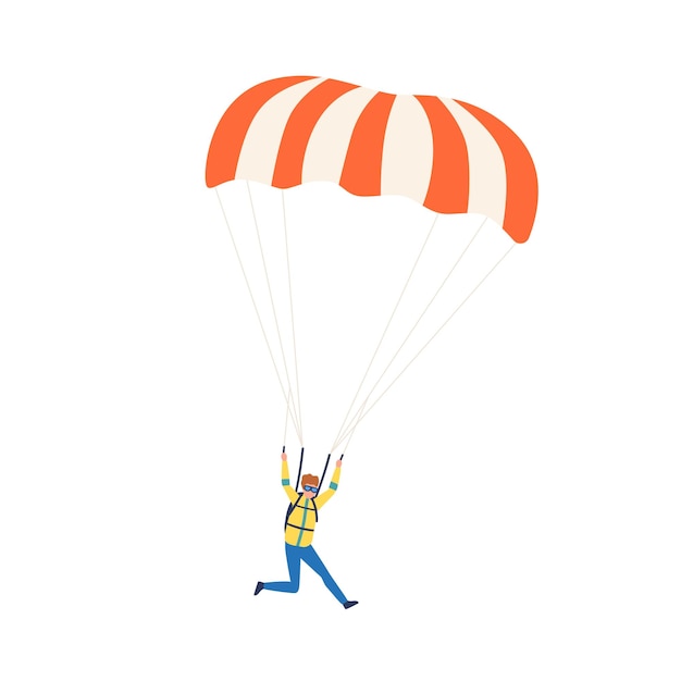 Jeune parachutiste professionnel planant dans le ciel. Saut en parapente avec parachute. Scène d'activité extrême. Illustration de dessin animé de vecteur plat de parachutiste isolé sur blanc.