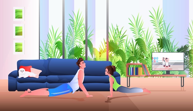 Jeune Père Avec Sa Petite Fille Faisant Des Exercices D'étirement Tout En Regardant Un Programme De Formation Vidéo En Ligne Concept De Paternité Parentalité Illustration Pleine Longueur