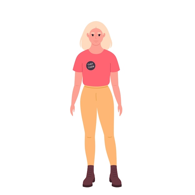 Jeune personnage avec épingle de pronoms de genre. Elle, lui, eux, non binaires. Mouvement non sexiste. LGBTQ