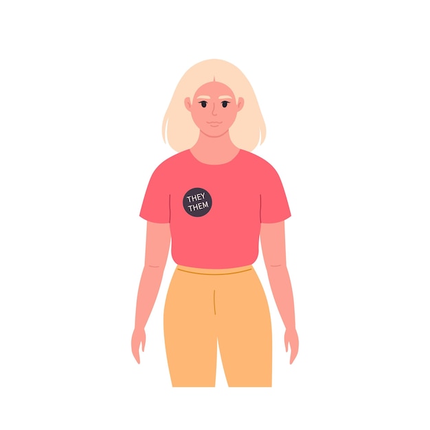 Jeune personnage avec épingle de pronoms de genre. Elle, lui, eux, non binaires. Mouvement non sexiste. LGBTQ
