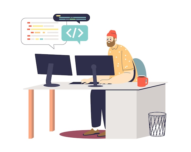 Jeune programmeur au codage du lieu de travail et développement d'une nouvelle application ou d'un site Web sur ordinateur