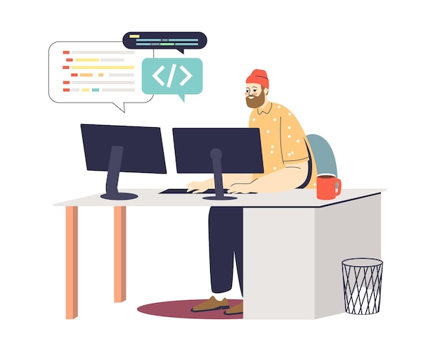 Vecteur jeune programmeur au codage du lieu de travail et développement d'une nouvelle application ou d'un site web sur ordinateur
