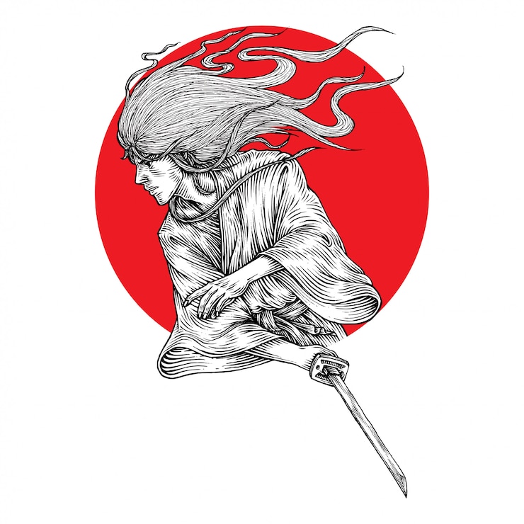 Vecteur jeune ronin swinging katana
