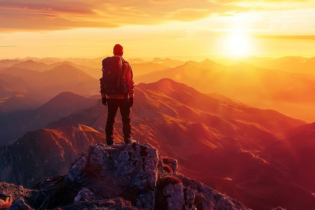 Un jeune touriste avec un sac à dos se détend sur le sommet d'un rocher et profite du coucher de soleil
