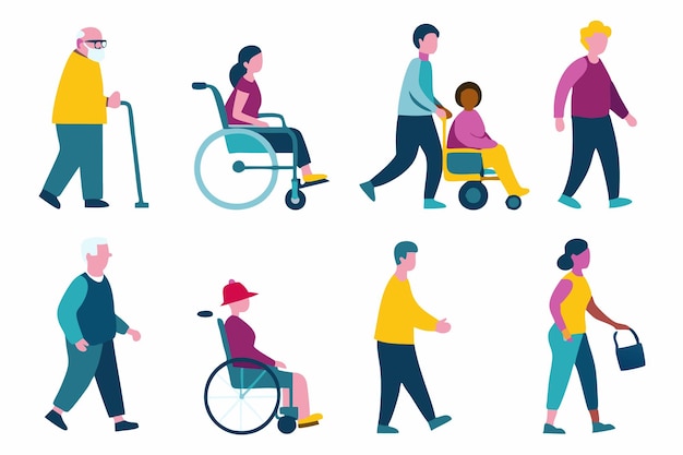Des jeunes bénévoles aident des personnes âgées à marcher, à prendre un fauteuil roulant et à faire des courses sur un fond blanc.
