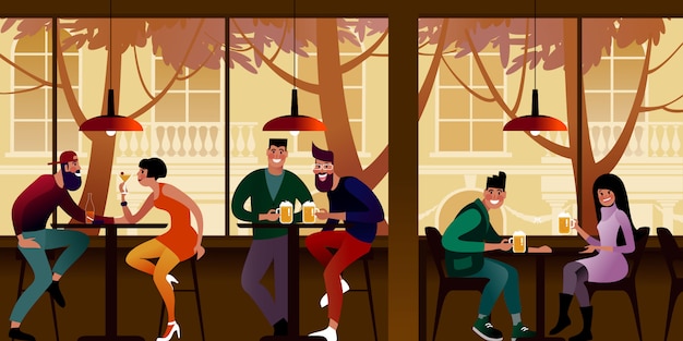 Les jeunes boivent de la bière dans un café de la ville. Illustration plate.