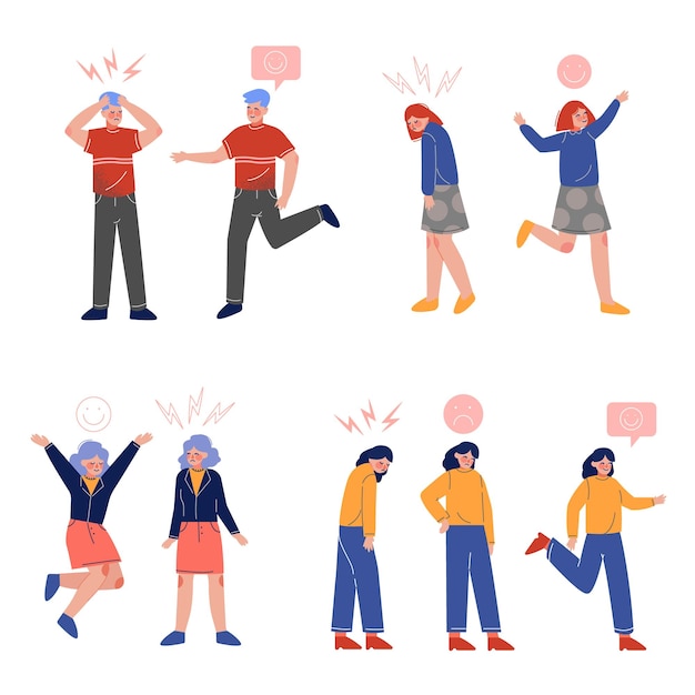 Les jeunes avec diverses émotions collection garçons et filles avec des signes sur leurs têtes vecteur