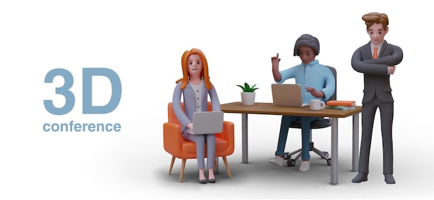 Jeunes employés de bureau travaillant sur des ordinateurs portables concept de conférence 3D