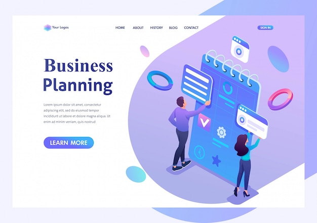 Les Jeunes Entrepreneurs Isométriques Sont Engagés Dans La Préparation De La Planification D'entreprise Pour Le Mois. Page De Destination Type Pour Le Site Web