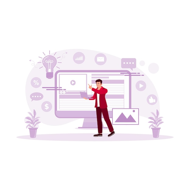 Jeunes entrepreneurs à la recherche d'idées de marketing en ligne sur le concept de marketing de contenu des médias sociaux
