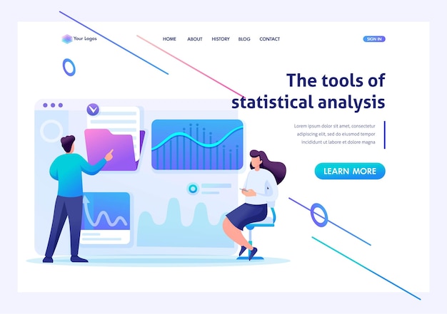 Vecteur jeunes entrepreneurs testant des outils d'analyse statistique sur une tablette caractère 2d plat concepts de page de destination et conception de sites web