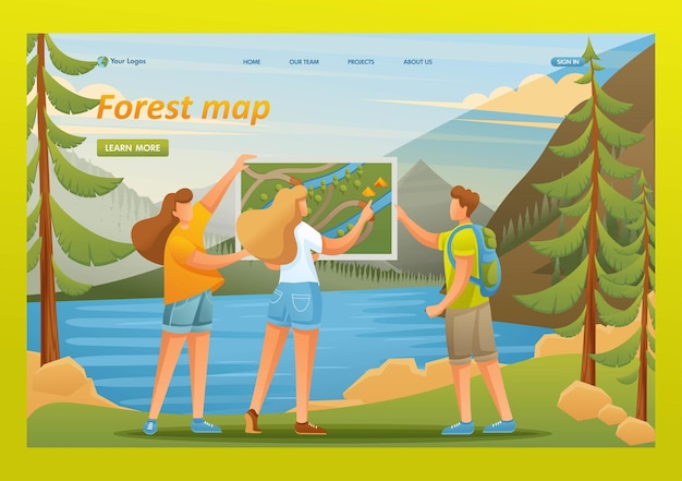 Vecteur les jeunes étudient une carte sur le lac dans les bois en camping caractère 2d plat concepts de page de destination et conception de sites web