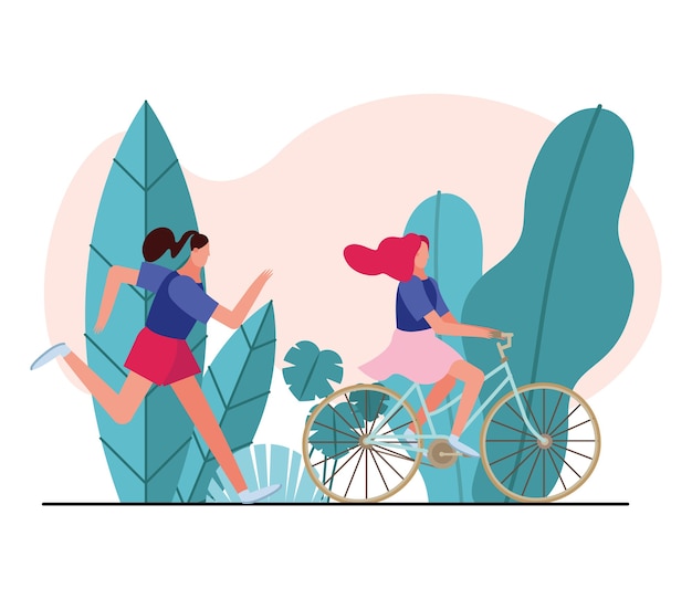 Vecteur jeunes femmes en cours d'exécution et à vélo conception d'illustration de personnages