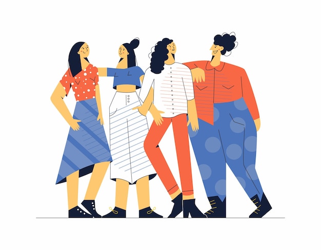 Jeunes Femmes Debout Ensemble Illustration Vectorielle Plane Moderne. Groupe D'amis Ou Militantes Féministes. Des Filles Vêtues De Vêtements à La Mode. Personnages De Dessins Animés Féminins Isolés Sur Fond Blanc