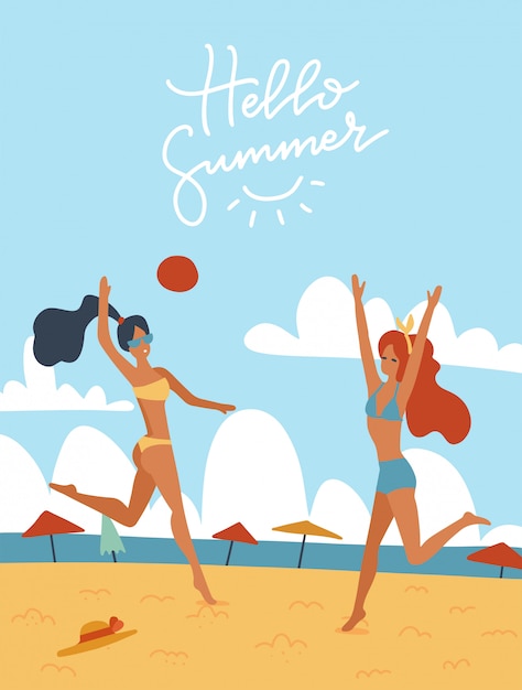Vecteur jeunes femmes jouant au volleyball ensemble sur l'illustration de la plage. filles heureuses en bikini activités de plein air. illustration de dessin animé plat avec lettrage bonjour l'été