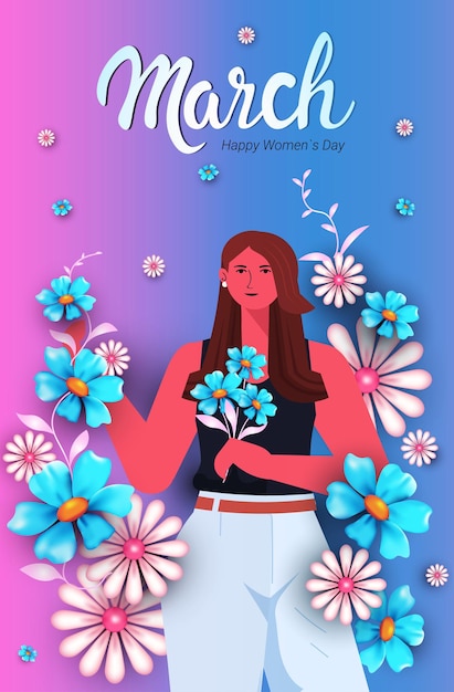 Vecteur jeunes femmes tenant des fleurs jour de la femme 8 mars vacances célébration concept illustration portrait vertical
