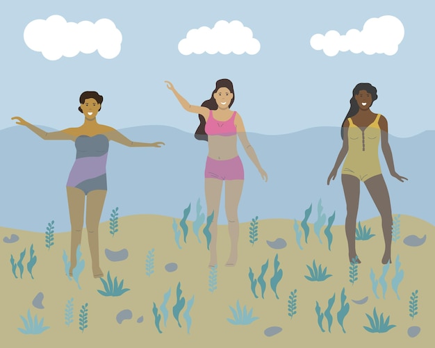 Les Jeunes Filles Nagent Sur La Plage. Illustration Vectorielle Personnages De Dessins Animés Plats