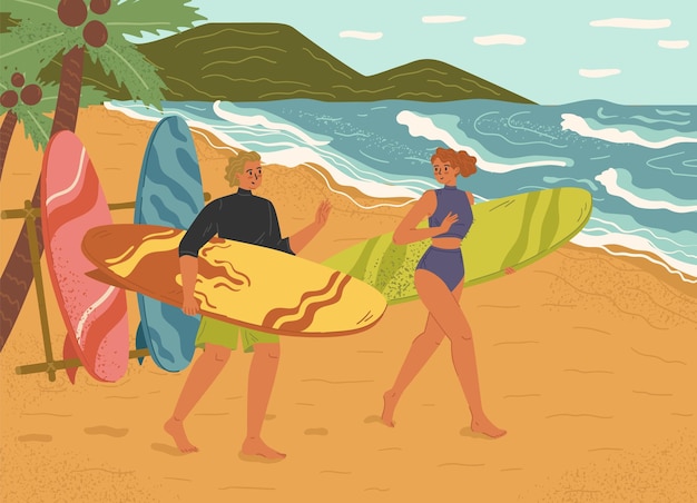 Des Jeunes Heureux Avec Des Planches De Surf Sur Une Plage Tropicale. Un Couple De Touristes Profitant Des Vacances D'été Et D'activités Sportives Extrêmes Sur Une Station Balnéaire. Illustration Vectorielle