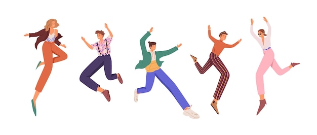 Des jeunes heureux qui sautent pour le plaisir et la joie. Ensemble d'hommes et de femmes souriants actifs et joyeux avec un sentiment de liberté. Illustration vectorielle plane colorée de personnages joyeux isolés sur fond blanc.