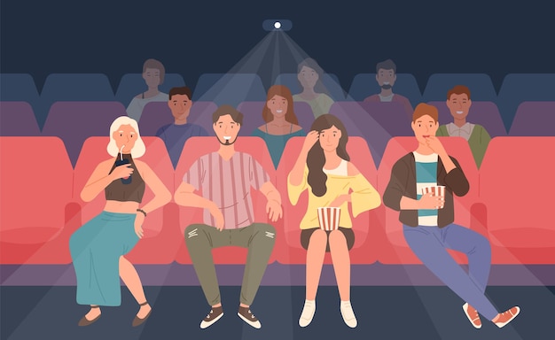 Vecteur jeunes hommes et femmes assis sur des chaises au cinéma ou au cinéma auditorium