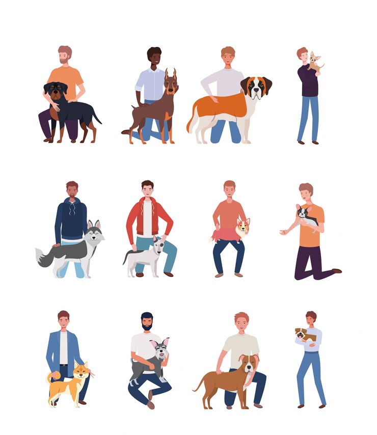 Vecteur jeunes hommes avec des personnages mascottes de chiens mignons