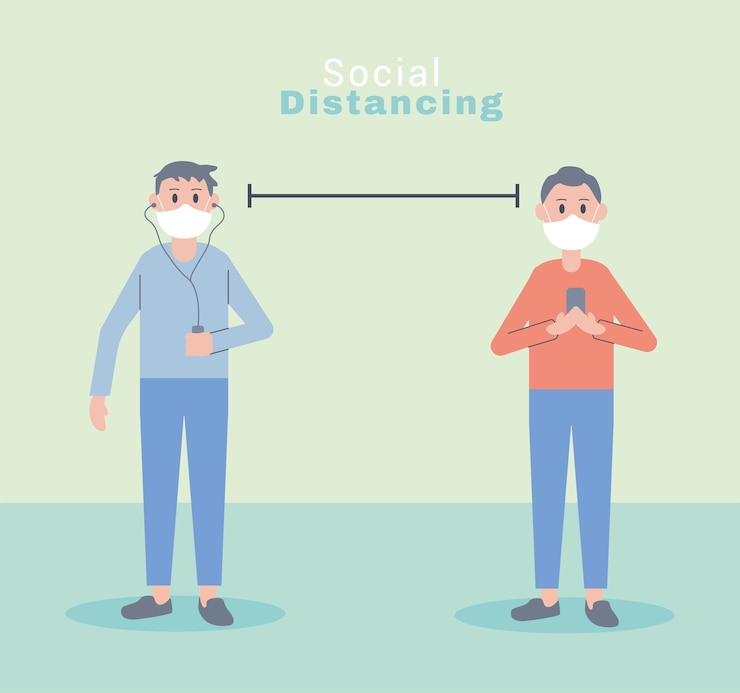 Vecteur jeunes hommes portant des masques faciaux conception d'illustration de personnages de distance sociale
