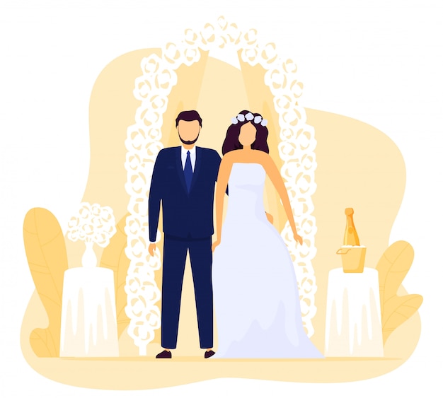 Jeunes Mariés à La Cérémonie De Mariage, Heureux Couple De Jeunes Mariés, Illustration