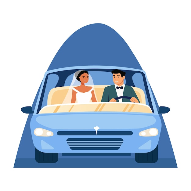 Des jeunes mariés dans une voiture le jour de leur mariage.