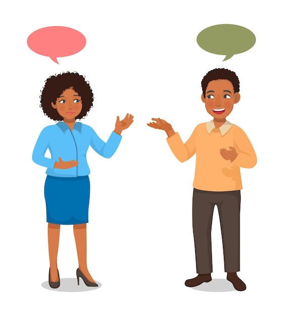 Jeunes parlant entre un homme et une femme d'affaires africains ayant une conversation avec des bulles