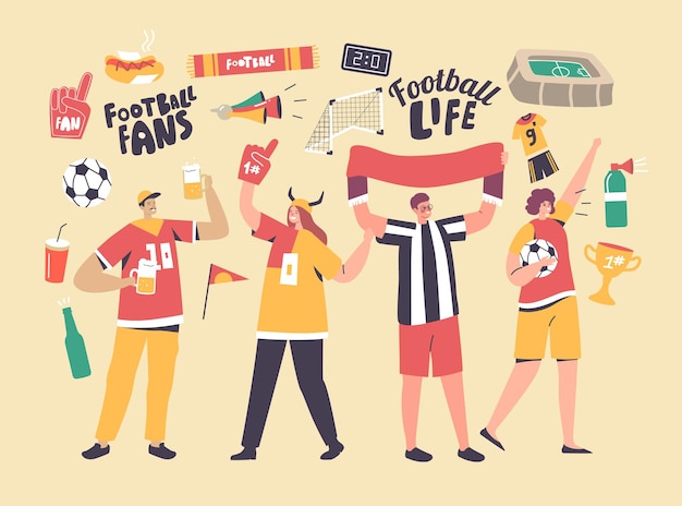 Jeunes Personnages De Fans De Supporter De Football Acclamant Avec Le Drapeau En Regardant Un Match De Football Au Stade. Groupe D'amis S'amusant Sur Le Concept De Championnat Du Monde De Sport. Illustration Vectorielle De Personnes Linéaires