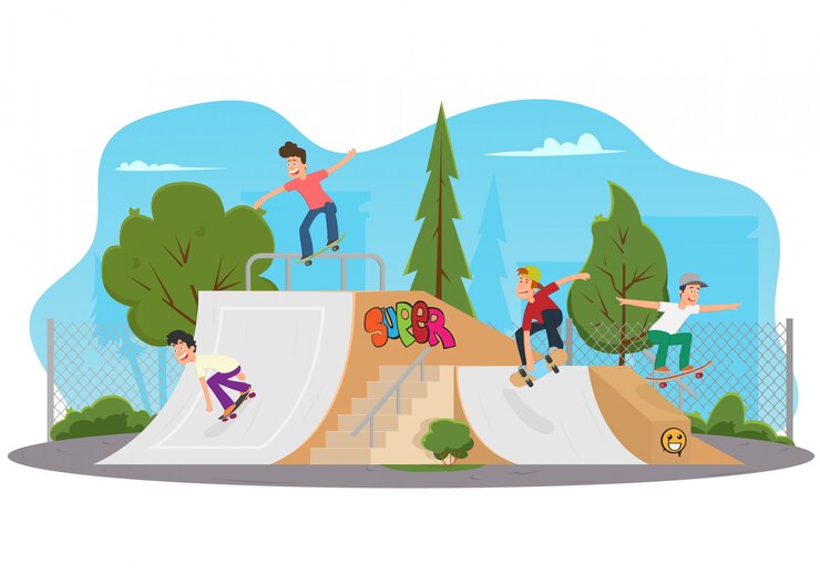Les jeunes roulent dans le parc sur le rollerdrome.