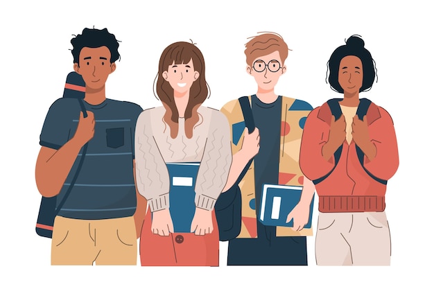 Les jeunes avec des sacs à dos et des livres. Étudiants en tenue décontractée