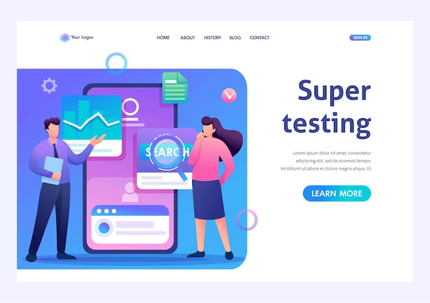 Les jeunes se tiennent près de l'écran du téléphone portable pour tester le programme et l'application mobile Caractère 2D plat Concepts de page de destination et conception de sites Web