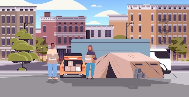 Vecteur jeunes tenant des boîtes d'aide aux dons avec des fournitures médicales près de la camionnette de fret aide humanitaire assistance matérielle génération z concept paysage urbain arrière-plan illustration vectorielle horizontale