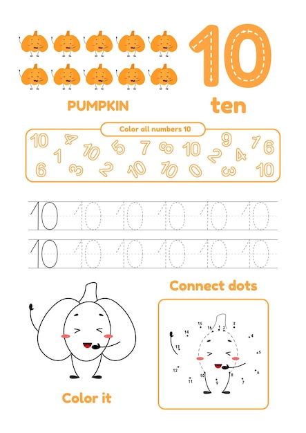 Jeux de loisirs pour les enfants d'âge préscolaire sur une page Point à point, tracez la couleur et apprenez le numéro dix