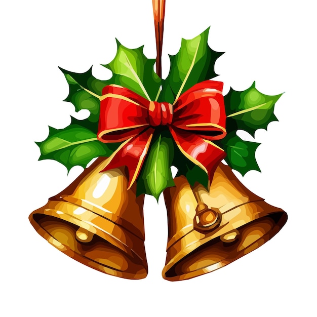 Jingle bells dorés avec sapin à arc rouge et feuilles et baies de houx illustration vectorielle pour Noël