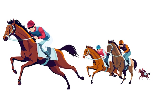 Vecteur jockeys à cheval sur des chevaux de course sur une illustration vectorielle de style plat à vitesse rapide tournoi de course de chevaux