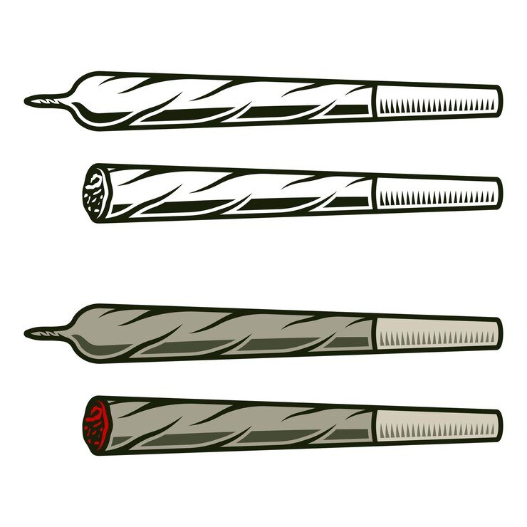 Joints ou cigarettes avec de la marijuana roulée et couve ensemble d'objets vectoriels ou d'éléments de conception monochromes et colorés isolés sur fond blanc