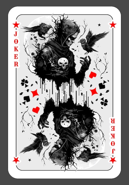 Vecteur joker ou bouffon, carte dans le jeu de cartes. bouffon avec un crâne dans sa main entouré de corbeaux