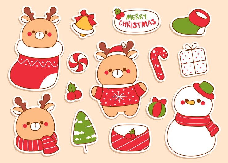 Vecteur joli animal de noël et des éléments autocollant doodle pour noël et l'hiver
