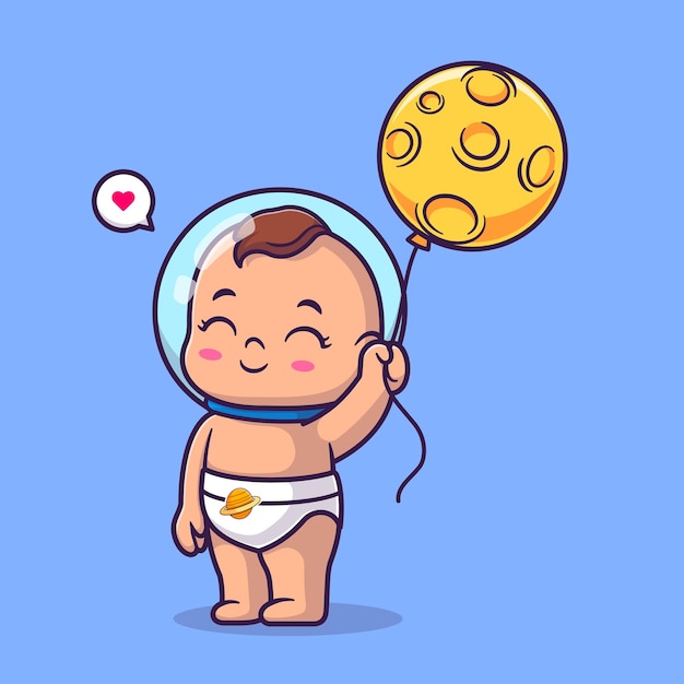 Vecteur joli bébé astronaute tenant l'illustration d'icône de vecteur de dessin animé de ballon de lune. gens, science, isolé
